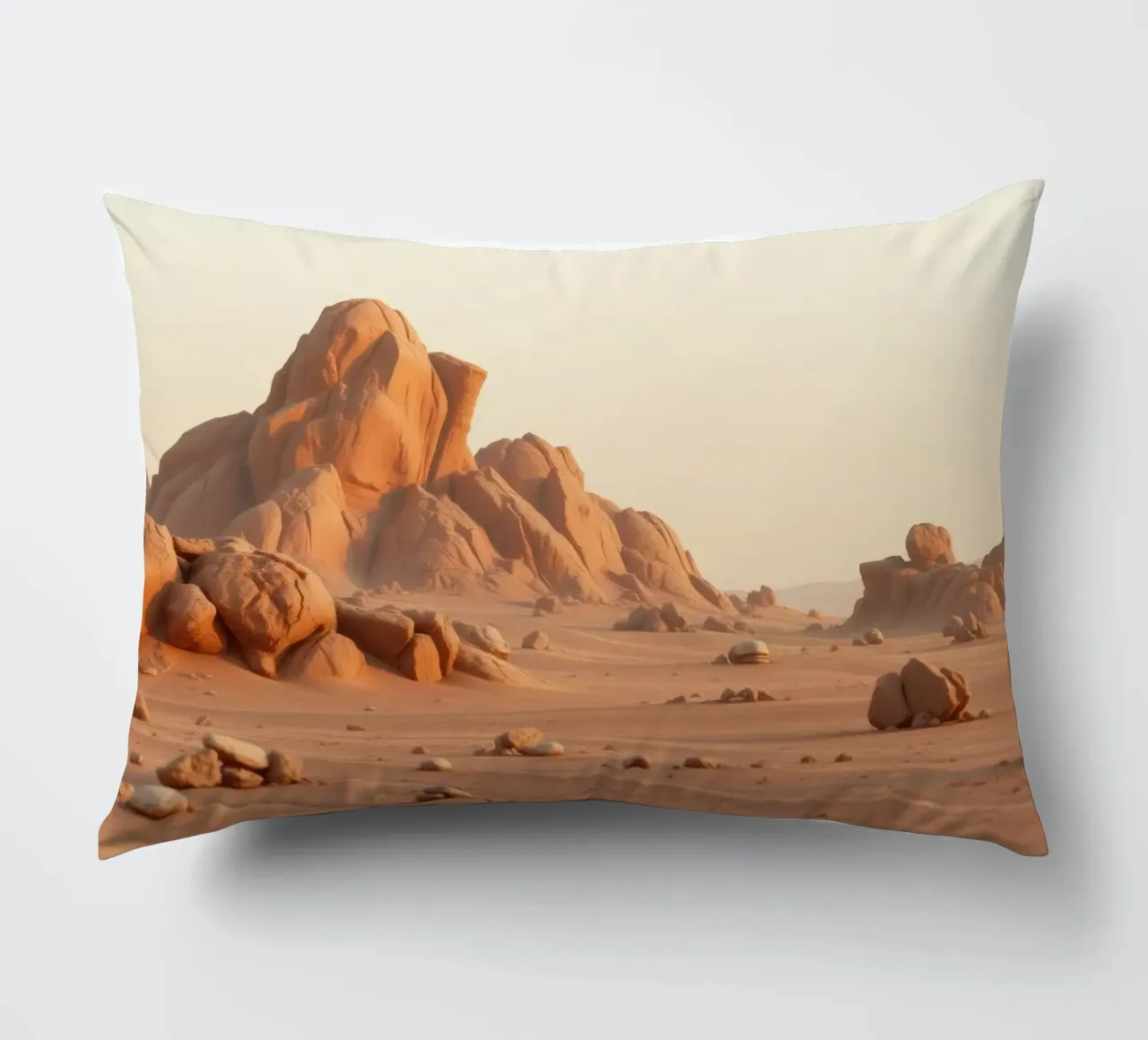 Un vaste paysage désertique avec des formations rocheuses uniques coussin de DesignDoodle