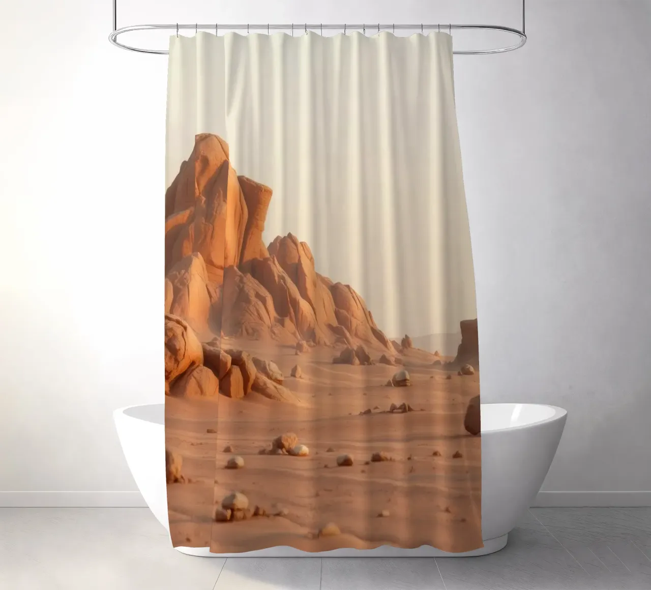 Ausgedehnte Wüstenlandschaft mit einzigartigen Felsformationen Duschvorhang von DesignDoodle