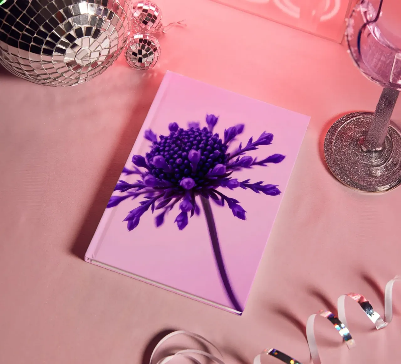 Purple flower stands against a soft pink background notebook by DesignDoodle