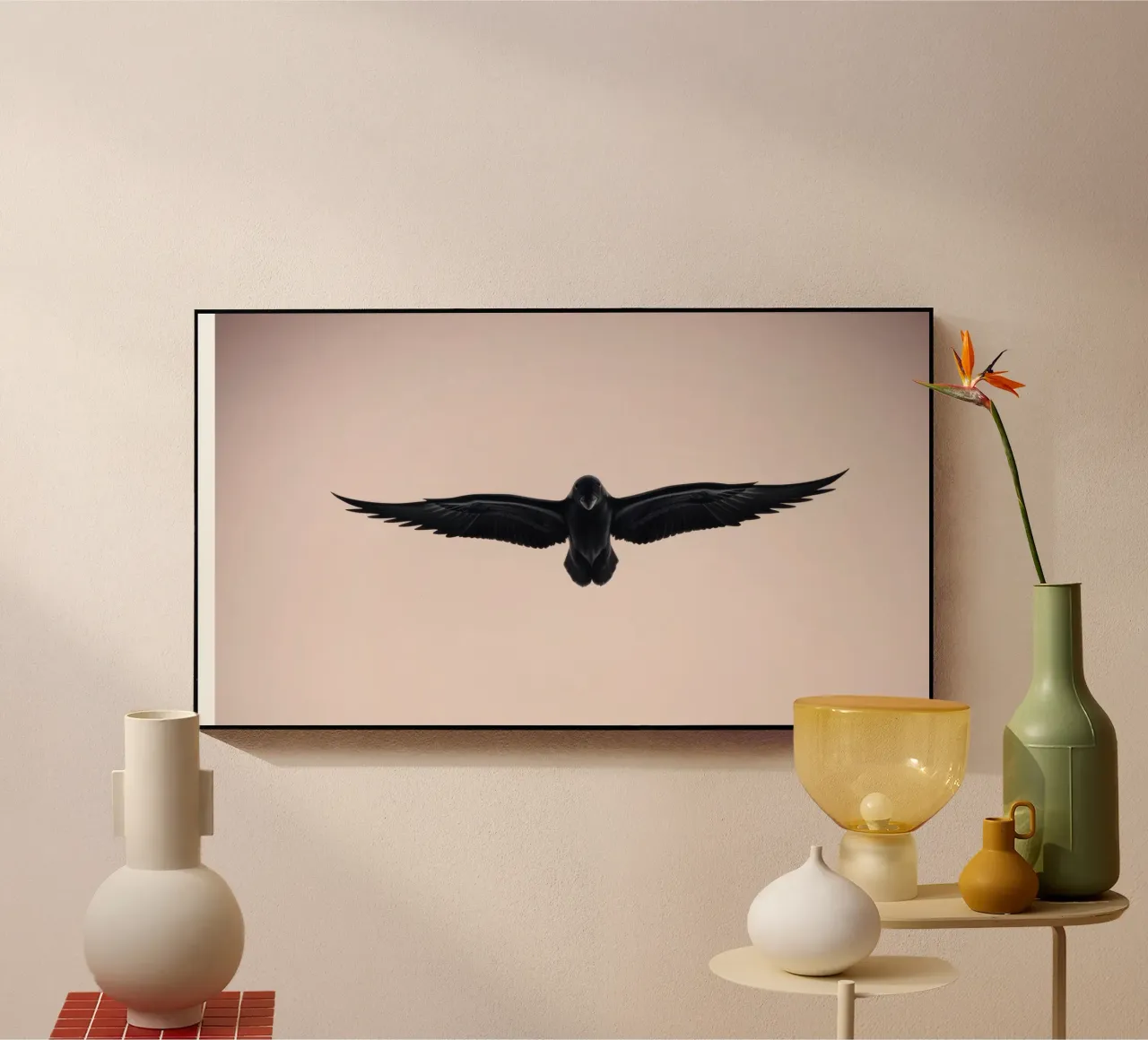Majestic black bird soaring against a soft pastel sky acrylic glass by DesignDoodle