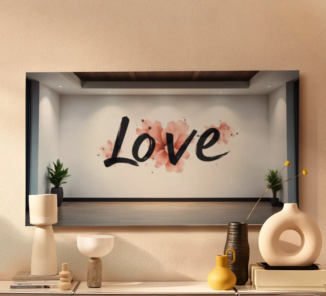 murale con la parola amore in un interno moderno alluminio dibond da DesignDoodle