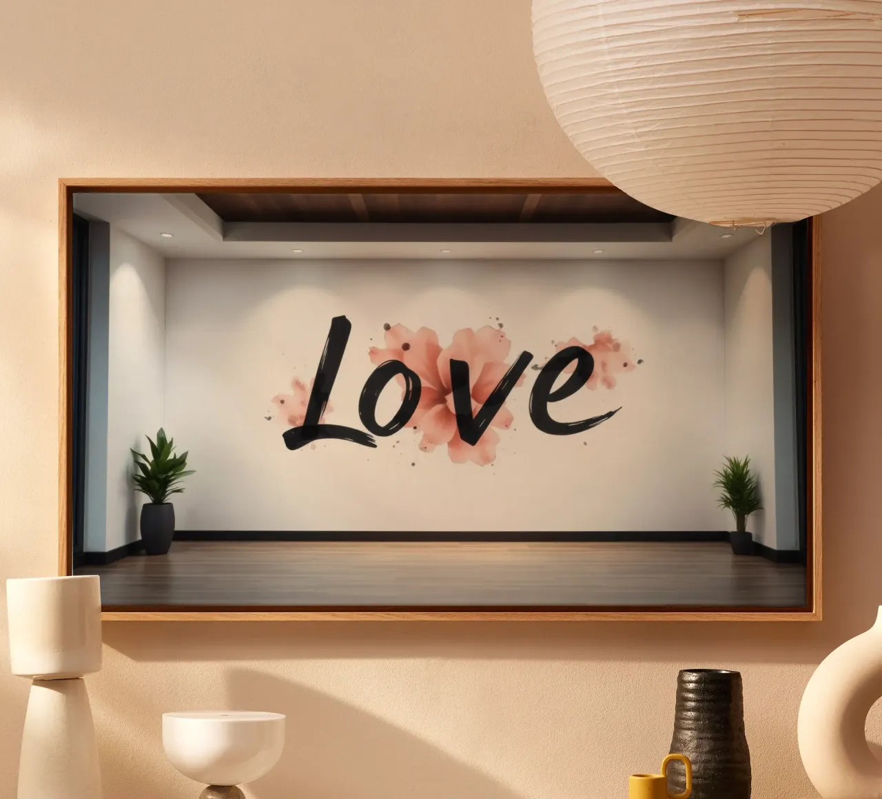 murale con la parola amore in un interno moderno tela con Cornice a cassetta da DesignDoodle