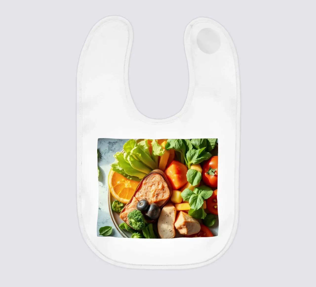Assortimento colorato di verdure fresche, frutta e proteine bavaglino da DesignDoodle