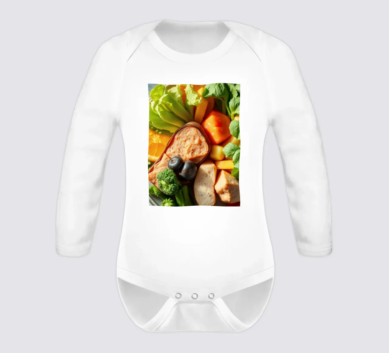 Colorful assortment of fresh vegetables, fruits, and protein long-sleeve baby romper by DesignDoodle