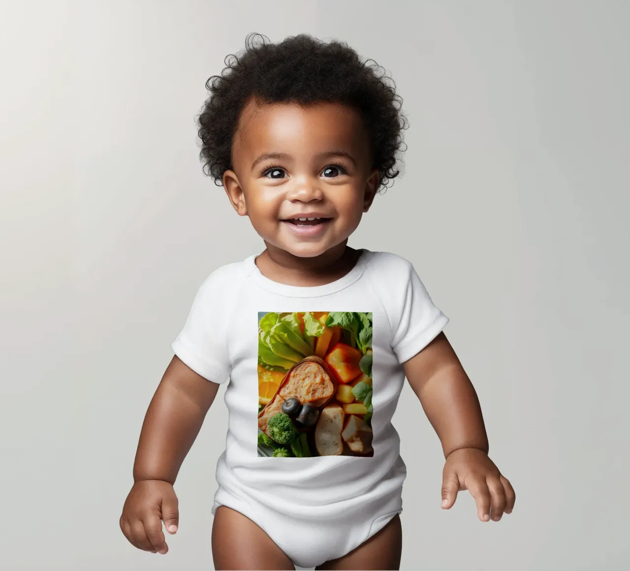 Buntes Sortiment an frischem Gemüse, Obst und Eiweiß Kurzarm Babybody von DesignDoodle