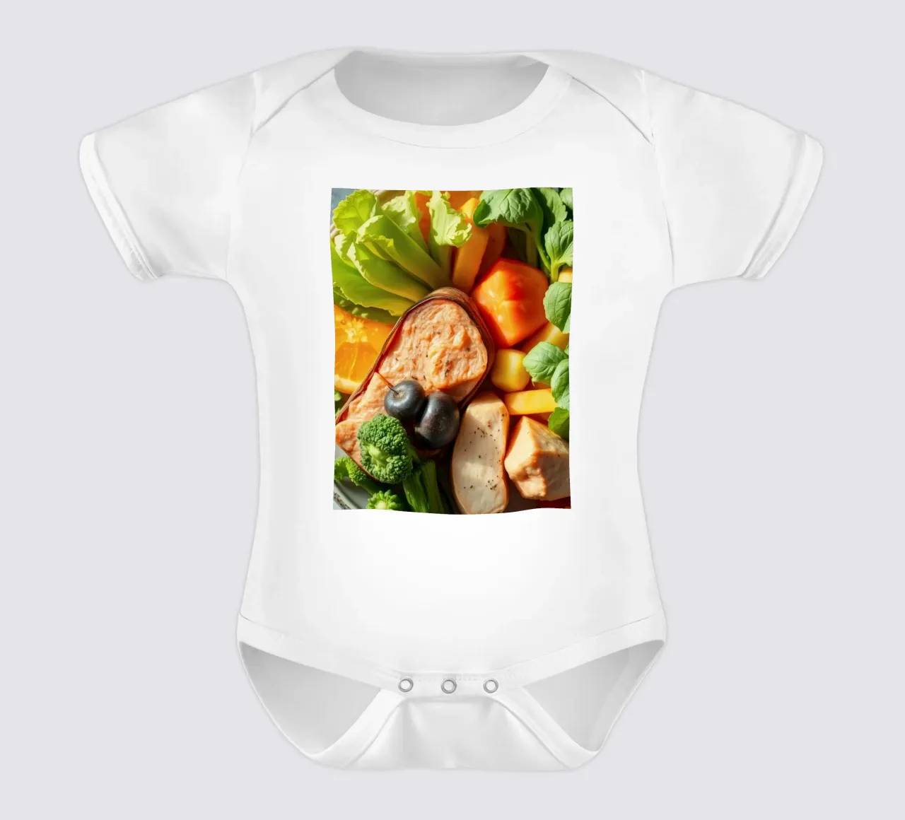 Buntes Sortiment an frischem Gemüse, Obst und Eiweiß Kurzarm Babybody von DesignDoodle