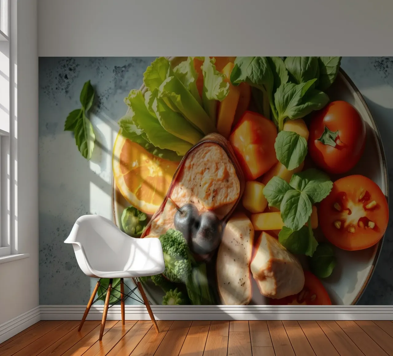 Colorful assortment of fresh vegetables, fruits, and protein photo wallpaper by DesignDoodle