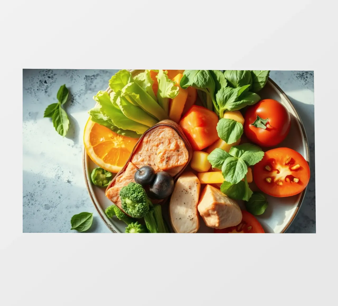 Colorful assortment of fresh vegetables, fruits, and protein photo wallpaper by DesignDoodle