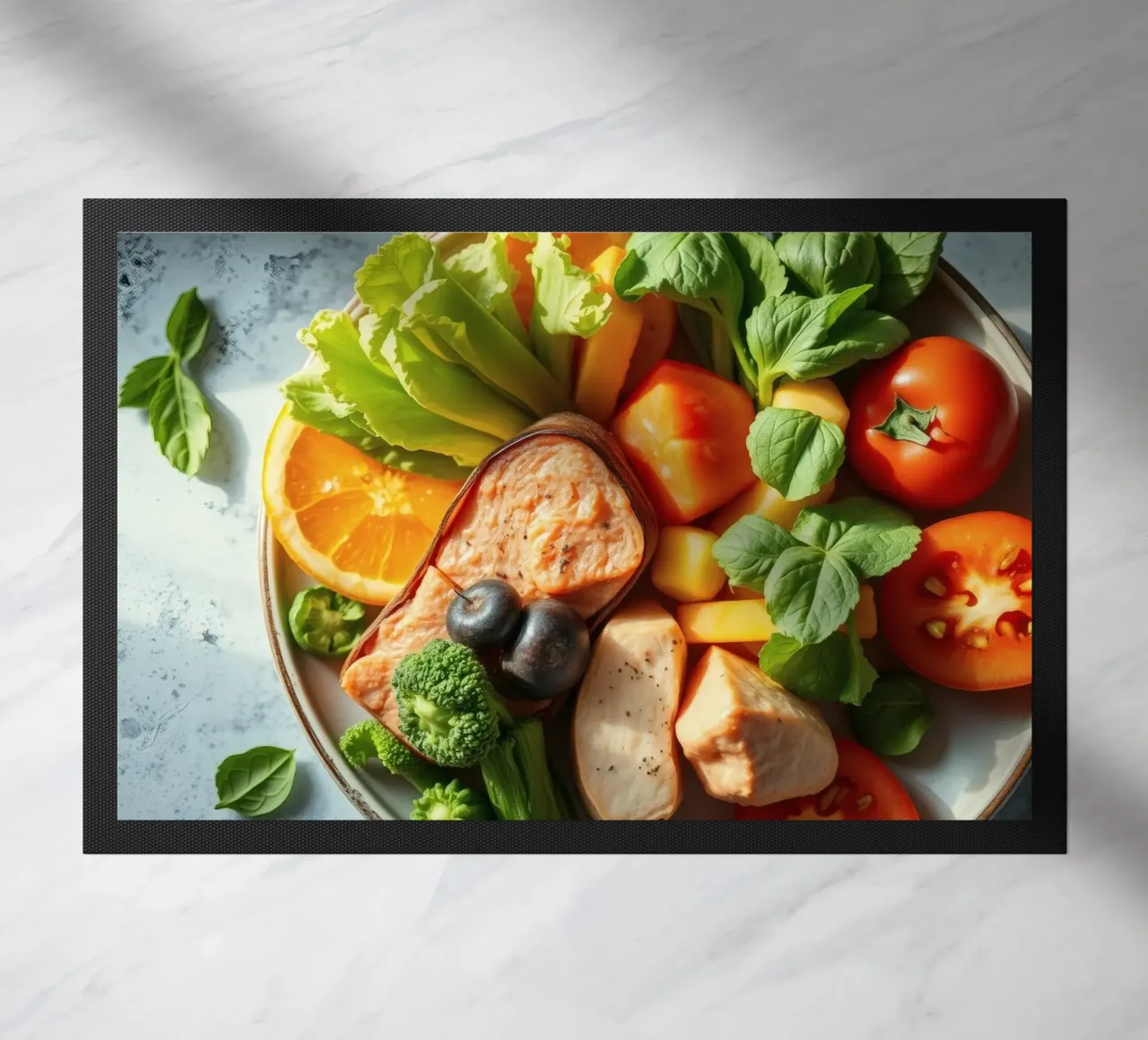 Assortimento colorato di verdure fresche, frutta e proteine zerbino da DesignDoodle
