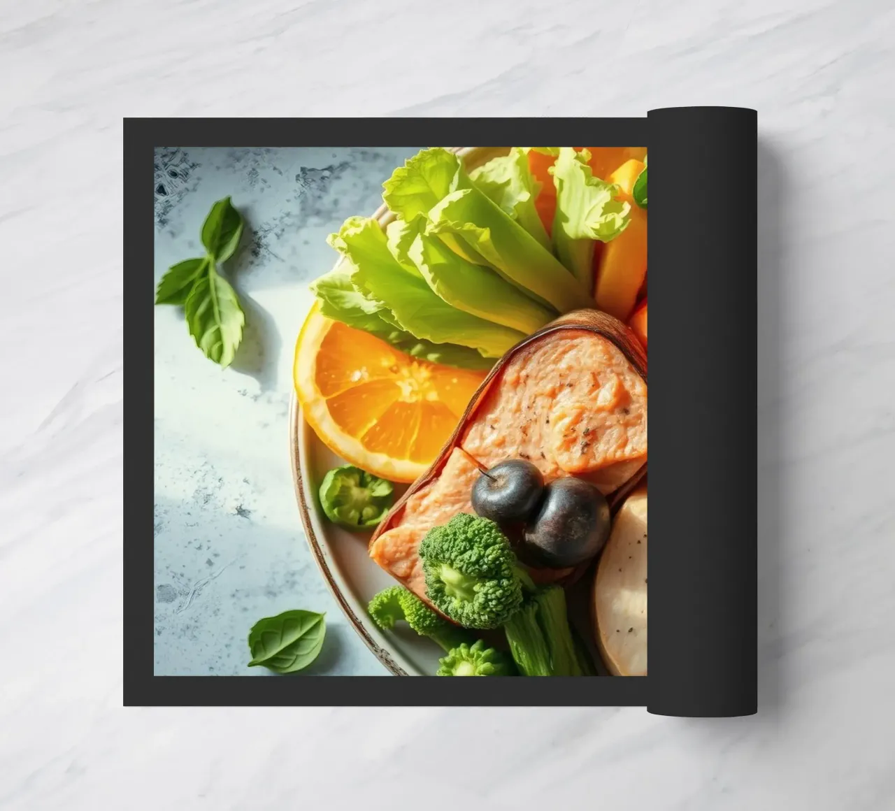 Assortimento colorato di verdure fresche, frutta e proteine zerbino da DesignDoodle