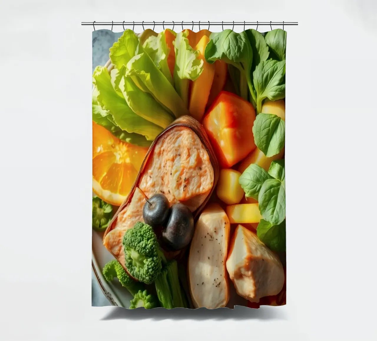 Assortimento colorato di verdure fresche, frutta e proteine tenda da doccia da DesignDoodle