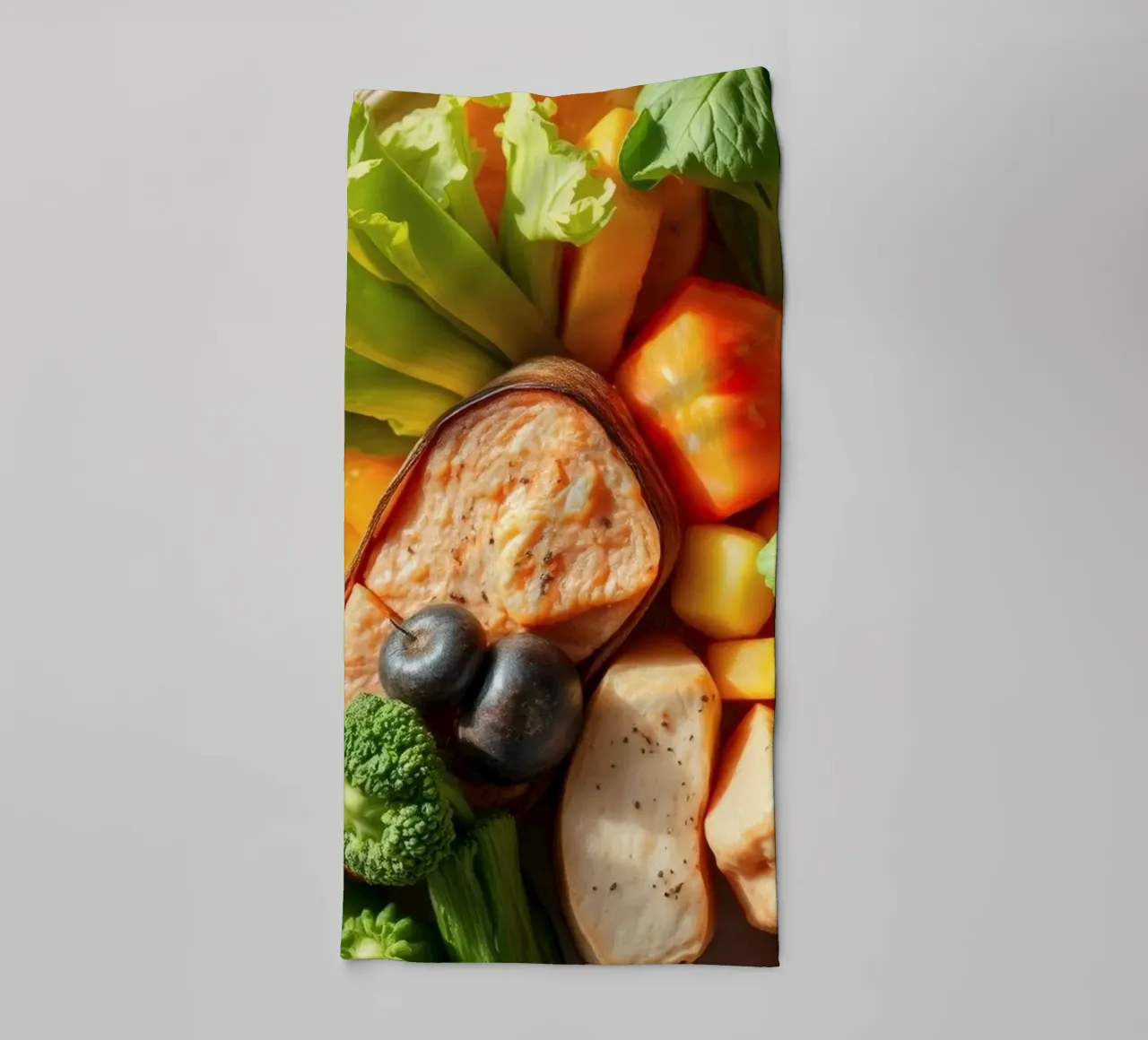 Assortimento colorato di verdure fresche, frutta e proteine asciugamano da bagno da DesignDoodle
