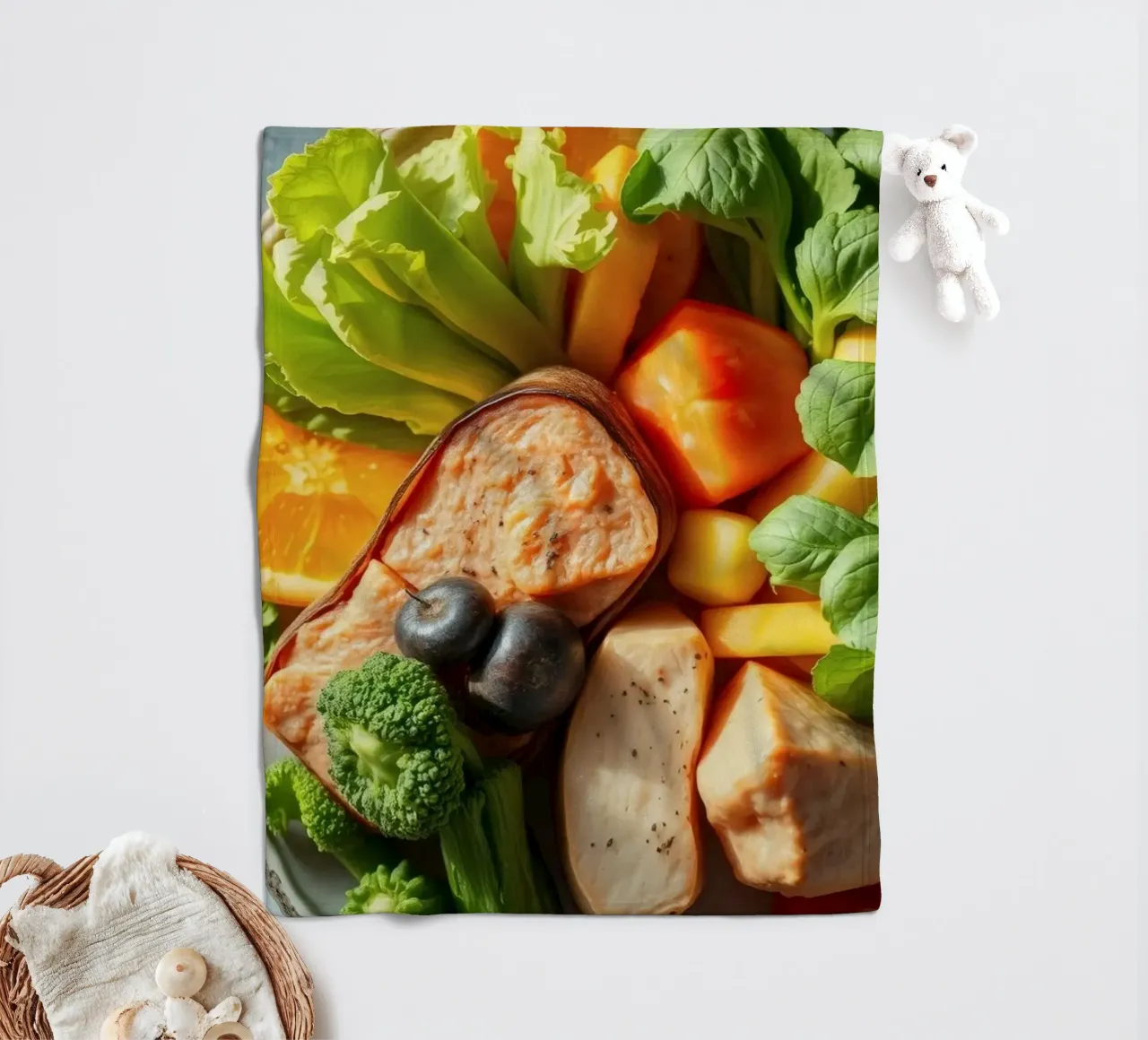 Assortimento colorato di verdure fresche, frutta e proteine coperta in pile da DesignDoodle