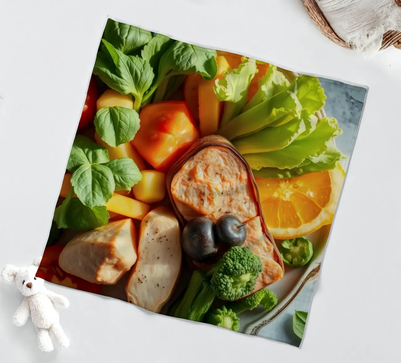 Assortimento colorato di verdure fresche, frutta e proteine coperta in pile da DesignDoodle