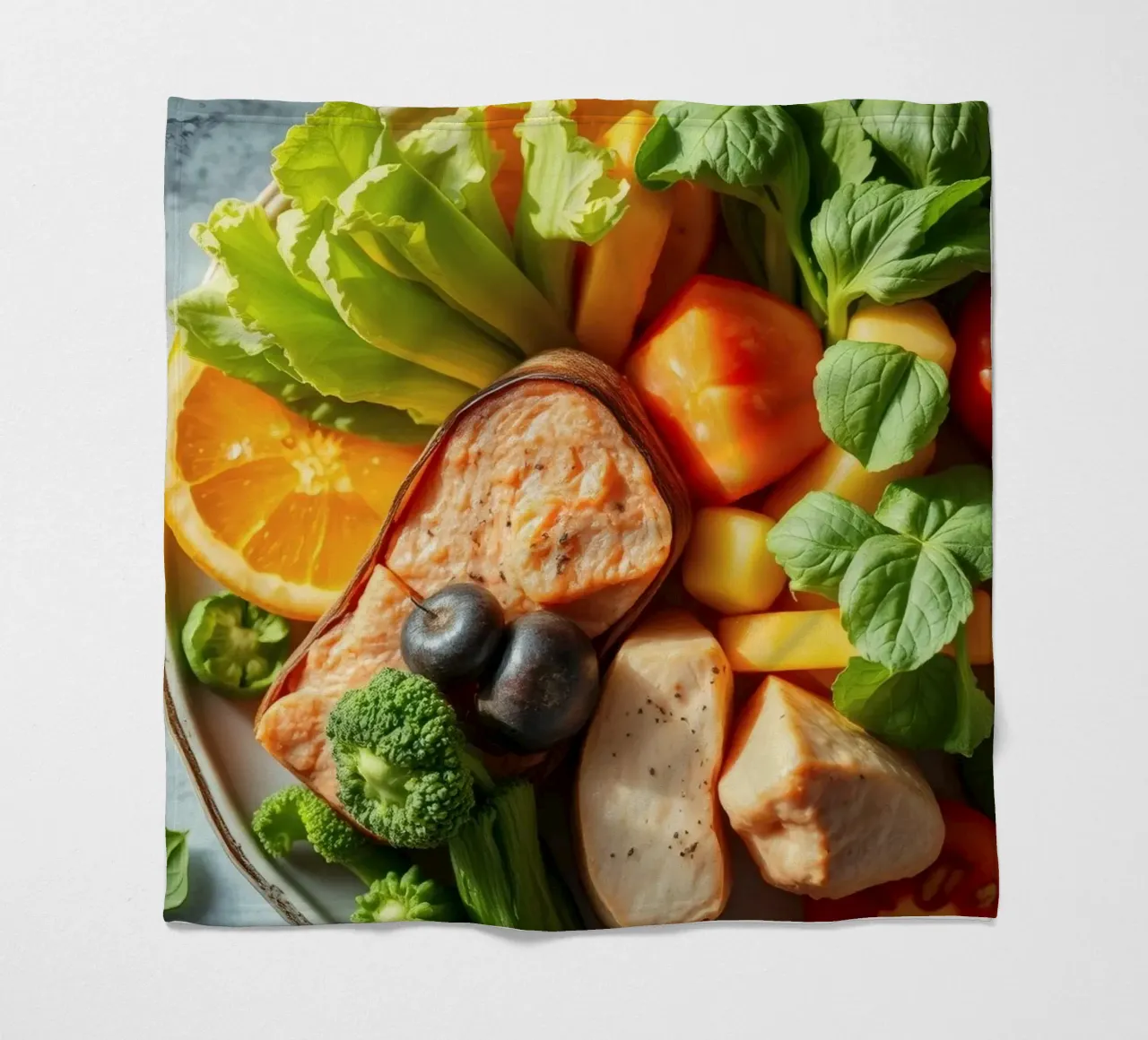 Assortimento colorato di verdure fresche, frutta e proteine coperta in pile da DesignDoodle