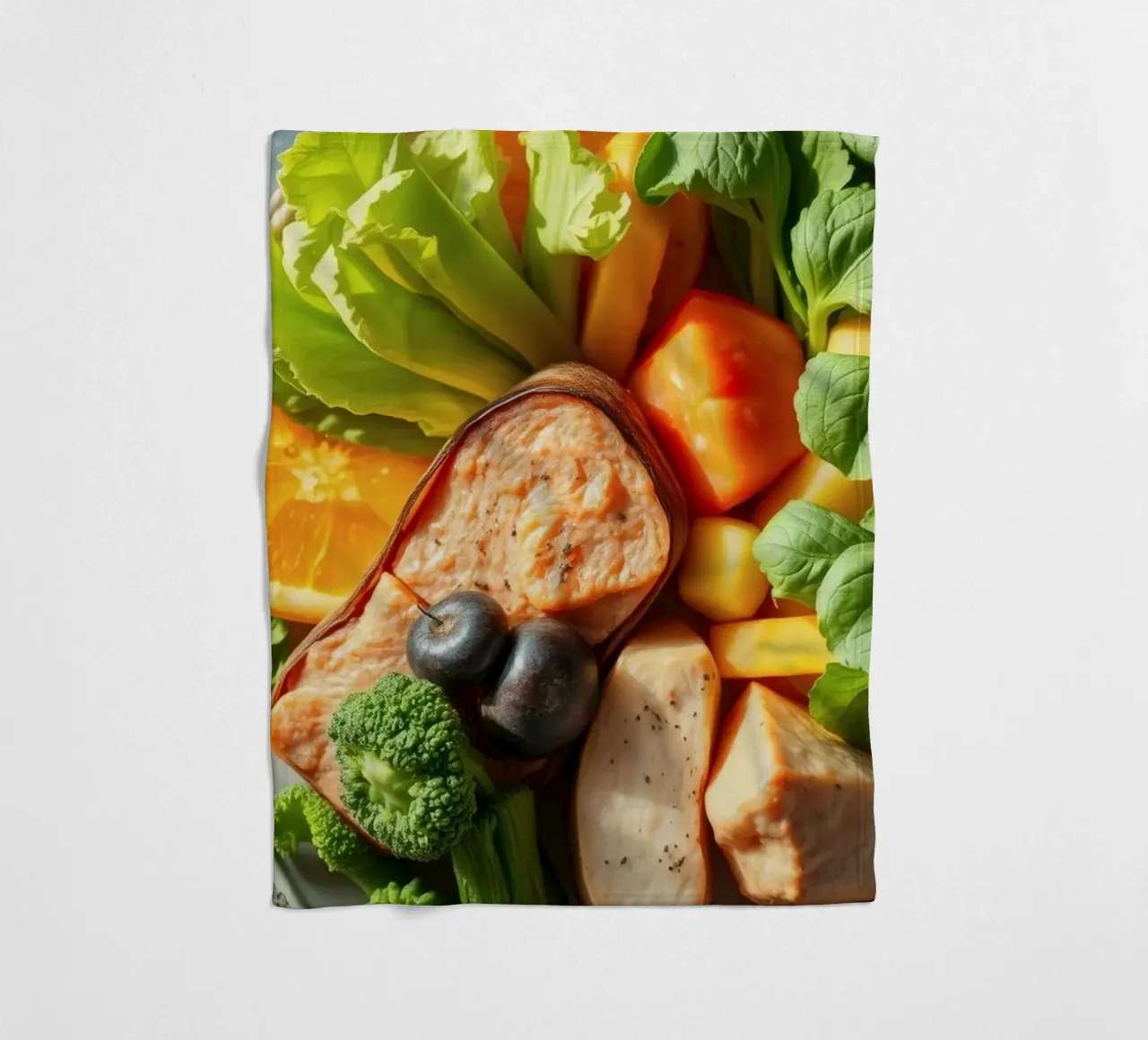 Assortimento colorato di verdure fresche, frutta e proteine coperta in pile da DesignDoodle