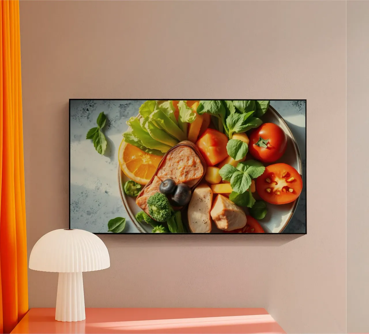 Assortimento colorato di verdure fresche, frutta e proteine plexiglass da DesignDoodle