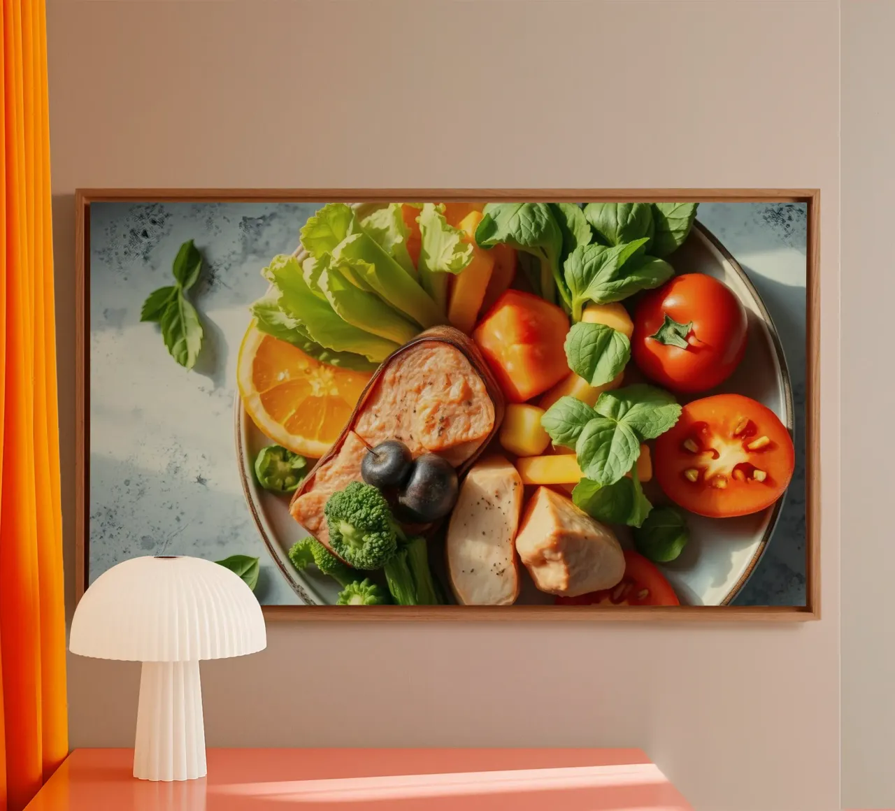 Buntes Sortiment an frischem Gemüse, Obst und Eiweiß Leinwand von DesignDoodle