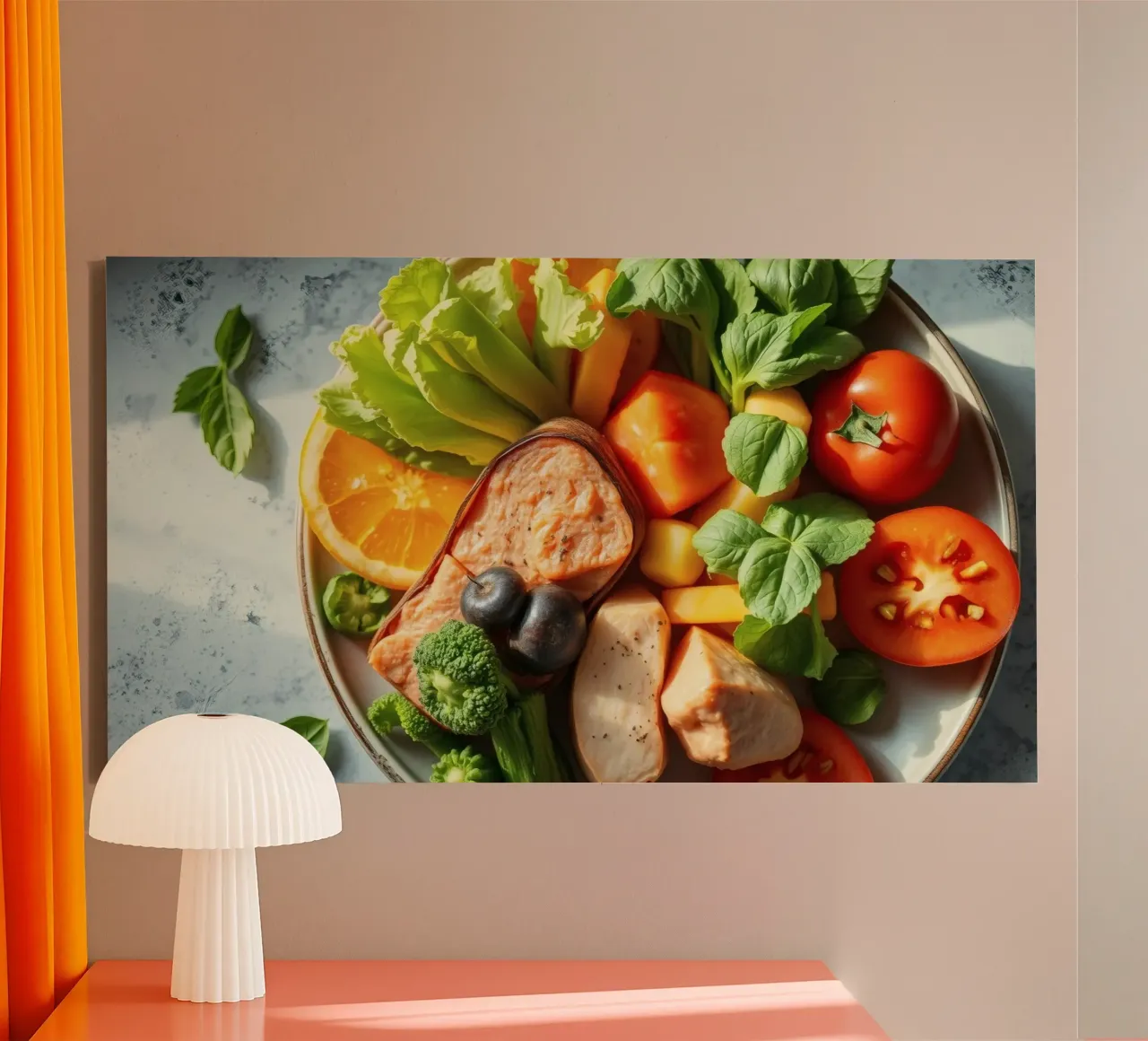 Buntes Sortiment an frischem Gemüse, Obst und Eiweiß Leinwand von DesignDoodle