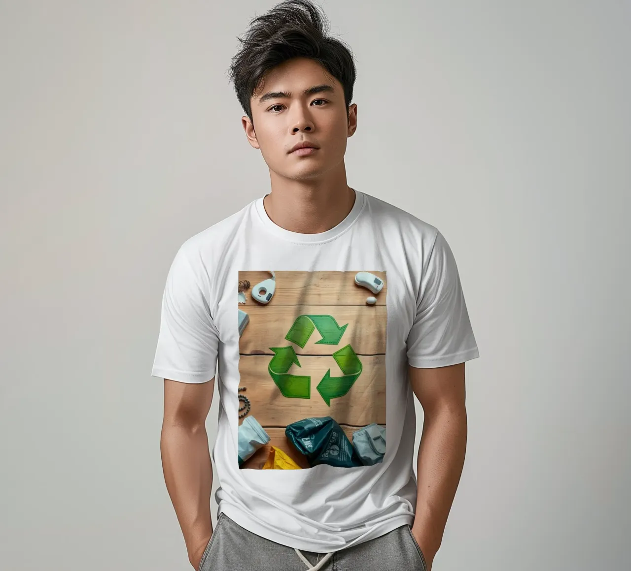 Recycling symbols surrounded by various waste materials t-shirt by DesignDoodle