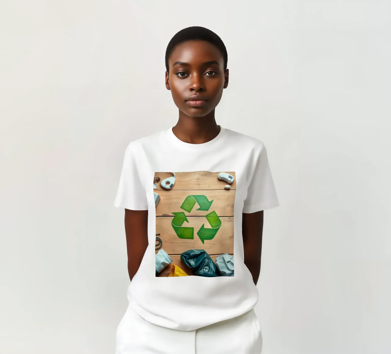 Recycling symbols surrounded by various waste materials t-shirt by DesignDoodle