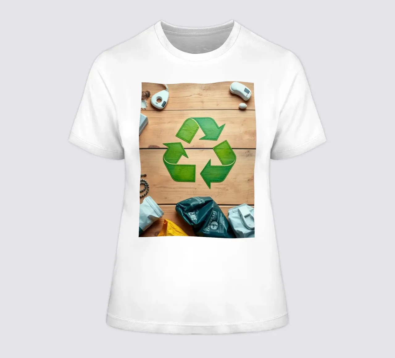 Simboli di riciclaggio circondati da vari materiali di scarto t-shirt da donna da DesignDoodle