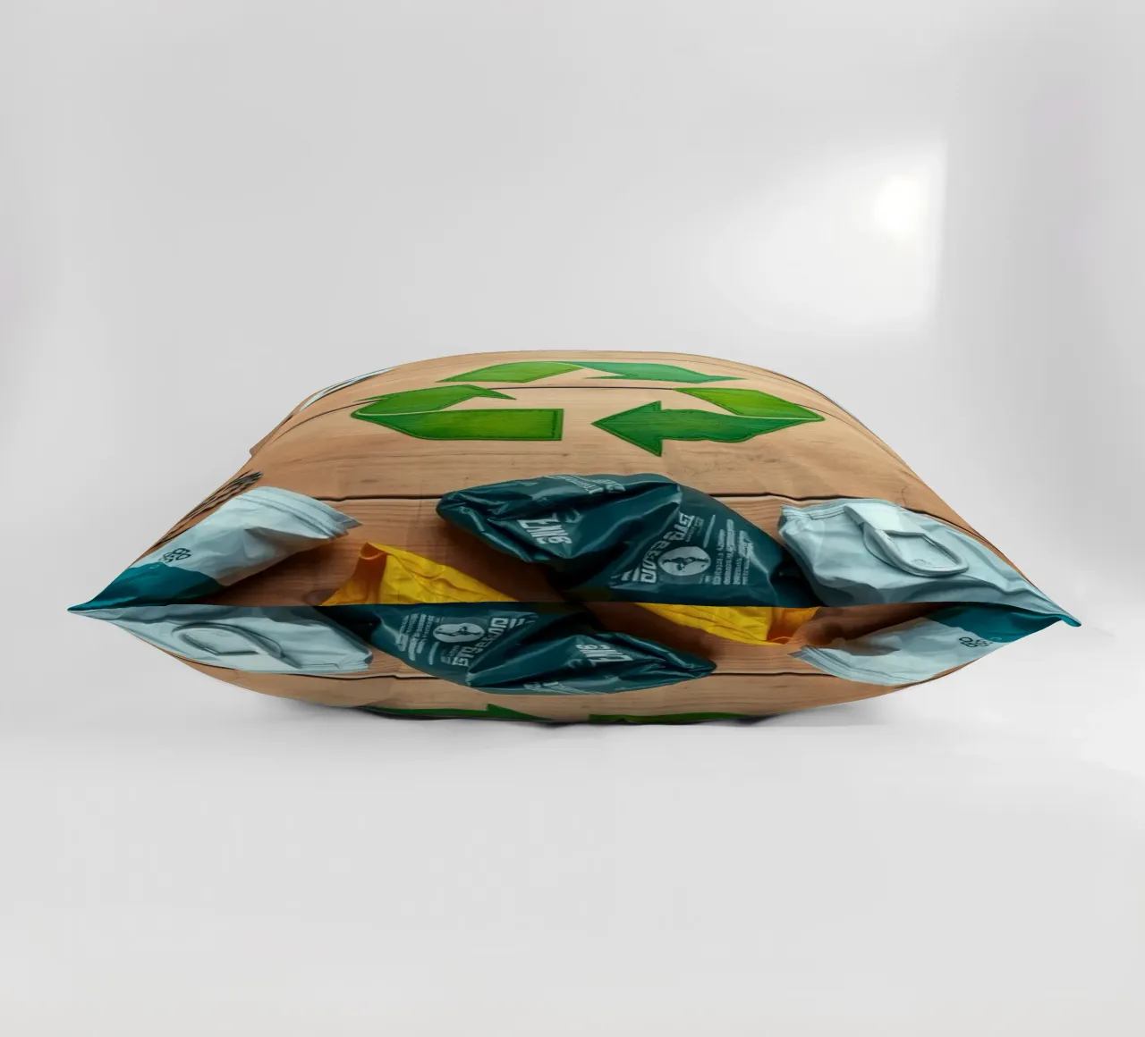 Simboli di riciclaggio circondati da vari materiali di scarto cuscino da DesignDoodle