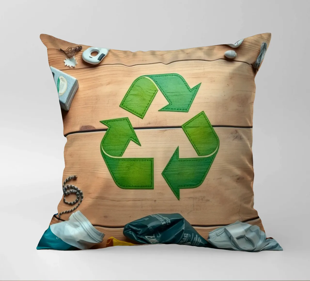 Simboli di riciclaggio circondati da vari materiali di scarto cuscino da DesignDoodle