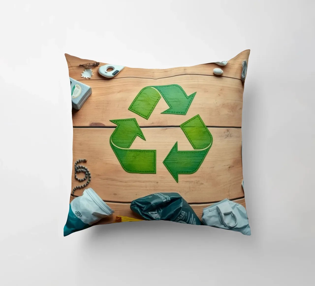 Simboli di riciclaggio circondati da vari materiali di scarto cuscino da DesignDoodle