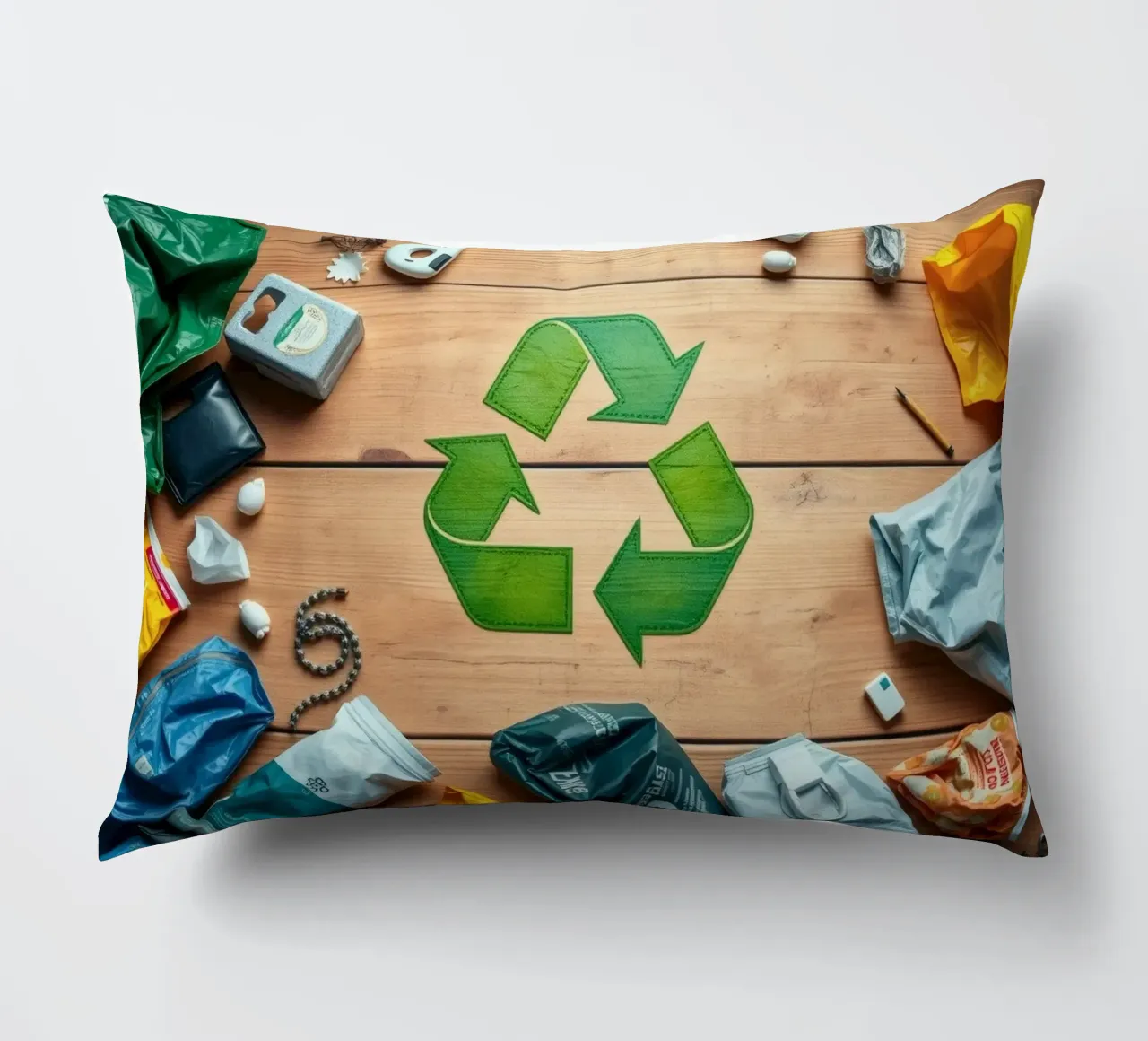 Simboli di riciclaggio circondati da vari materiali di scarto cuscino da DesignDoodle