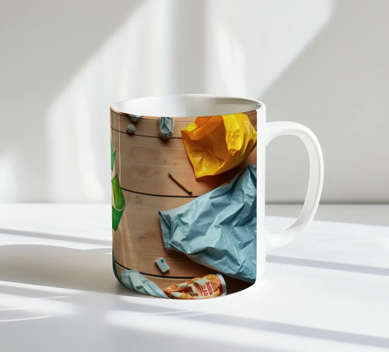 Simboli di riciclaggio circondati da vari materiali di scarto tazza in ceramica da DesignDoodle