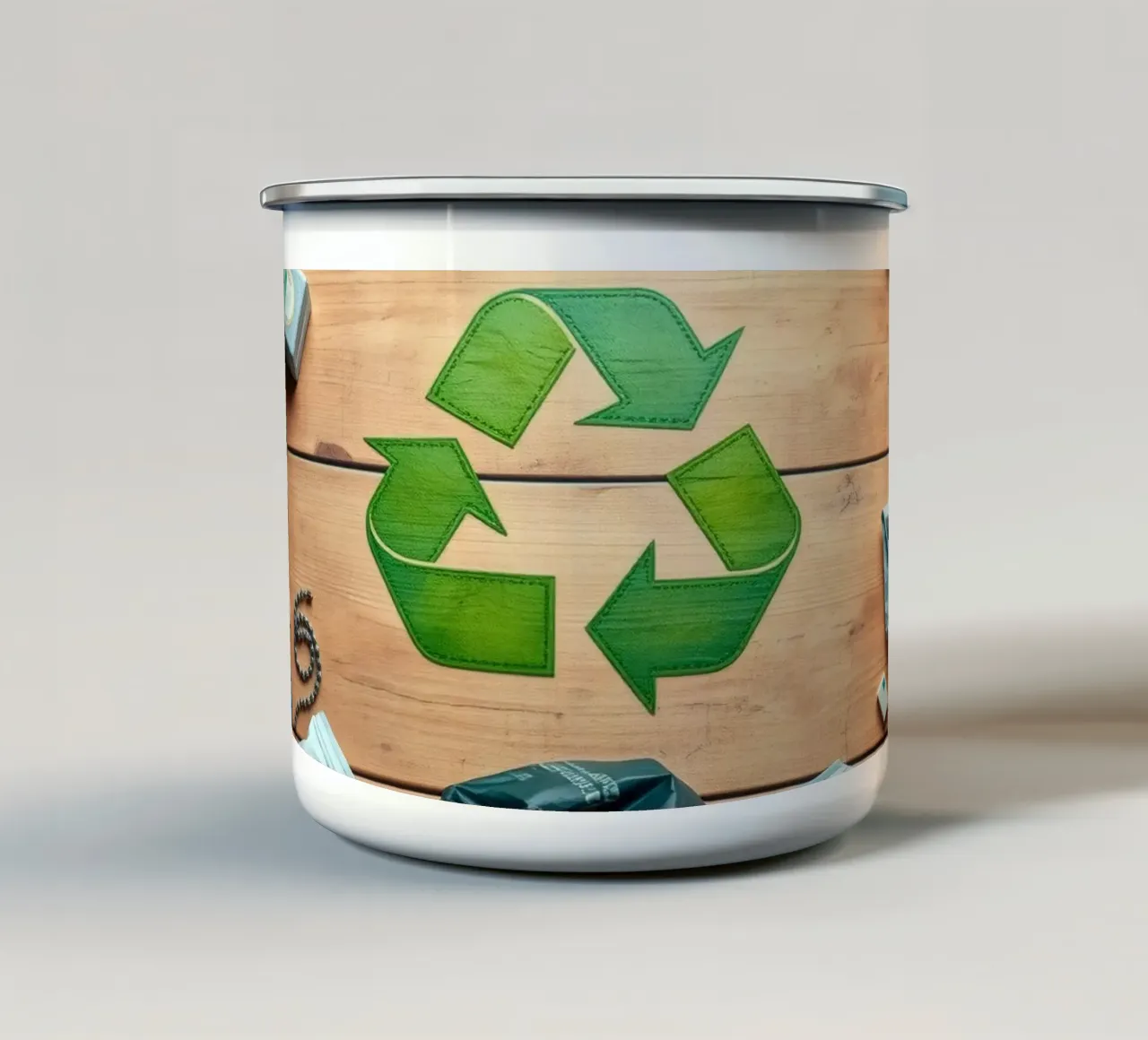 Simboli di riciclaggio circondati da vari materiali di scarto tazza in smalto da DesignDoodle
