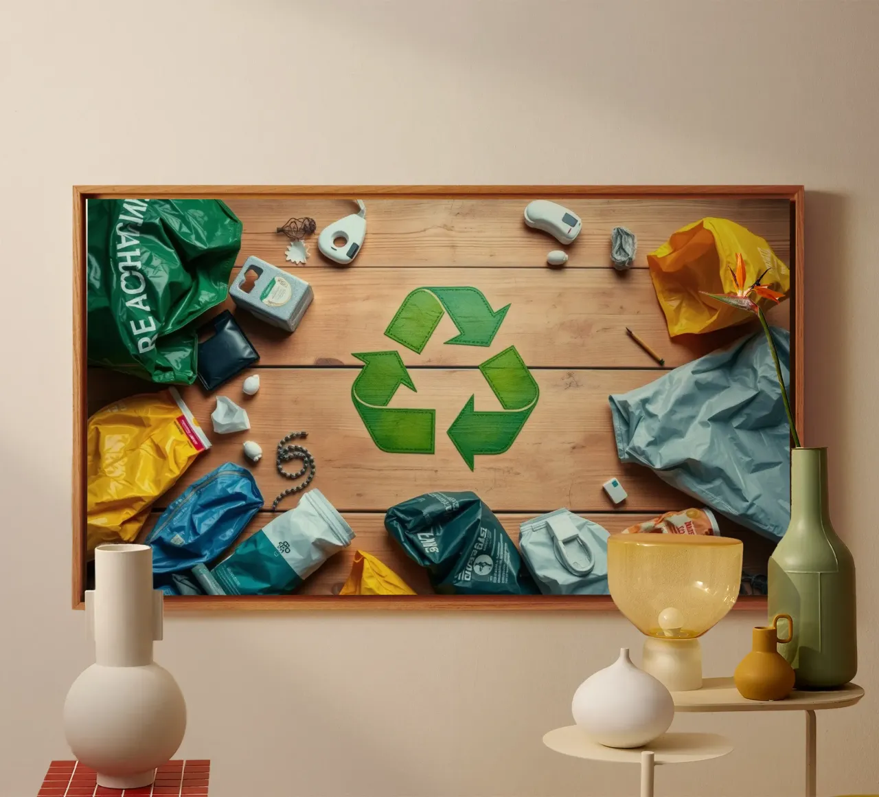 Simboli di riciclaggio circondati da vari materiali di scarto tela con Cornice a cassetta da DesignDoodle