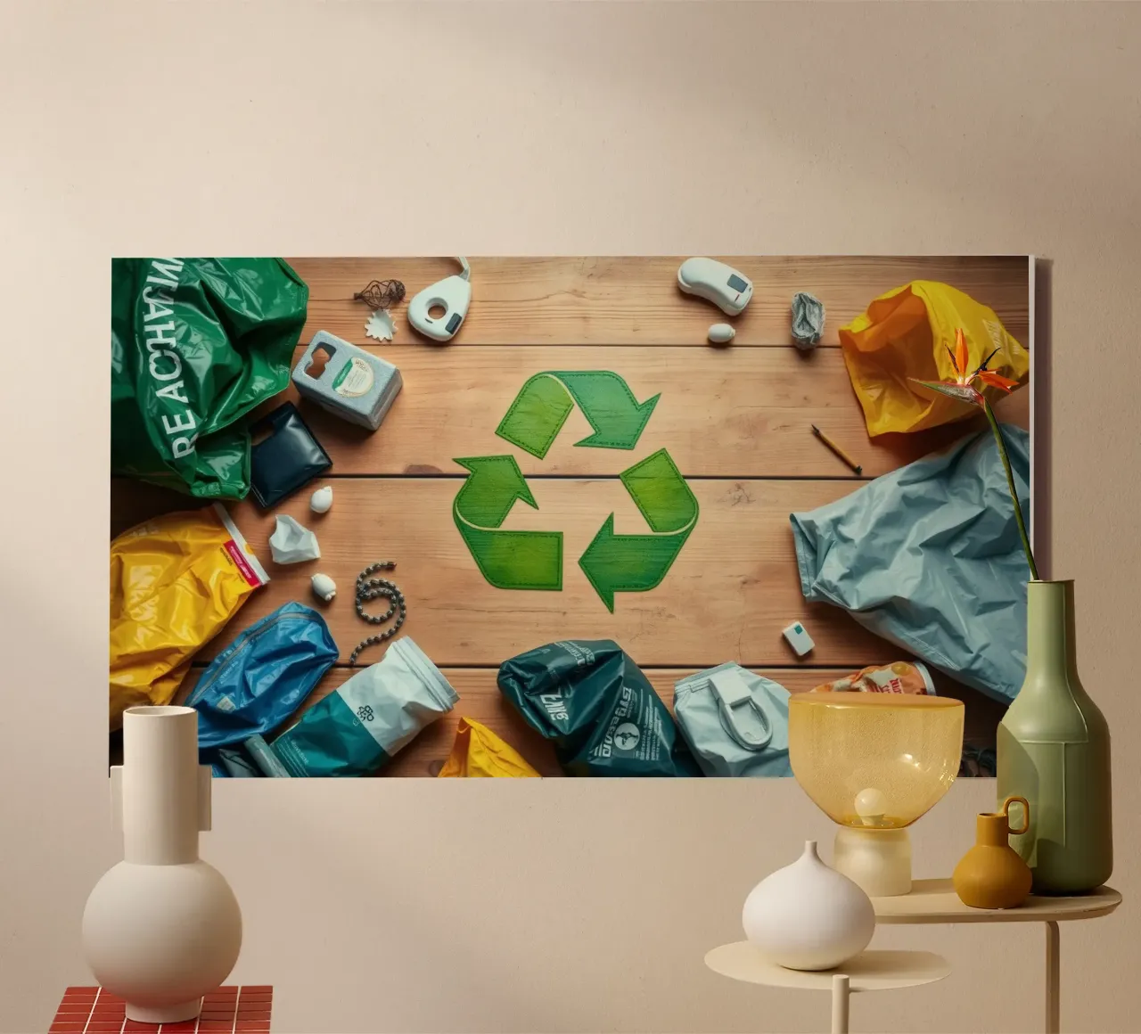 Simboli di riciclaggio circondati da vari materiali di scarto tela con Cornice a cassetta da DesignDoodle
