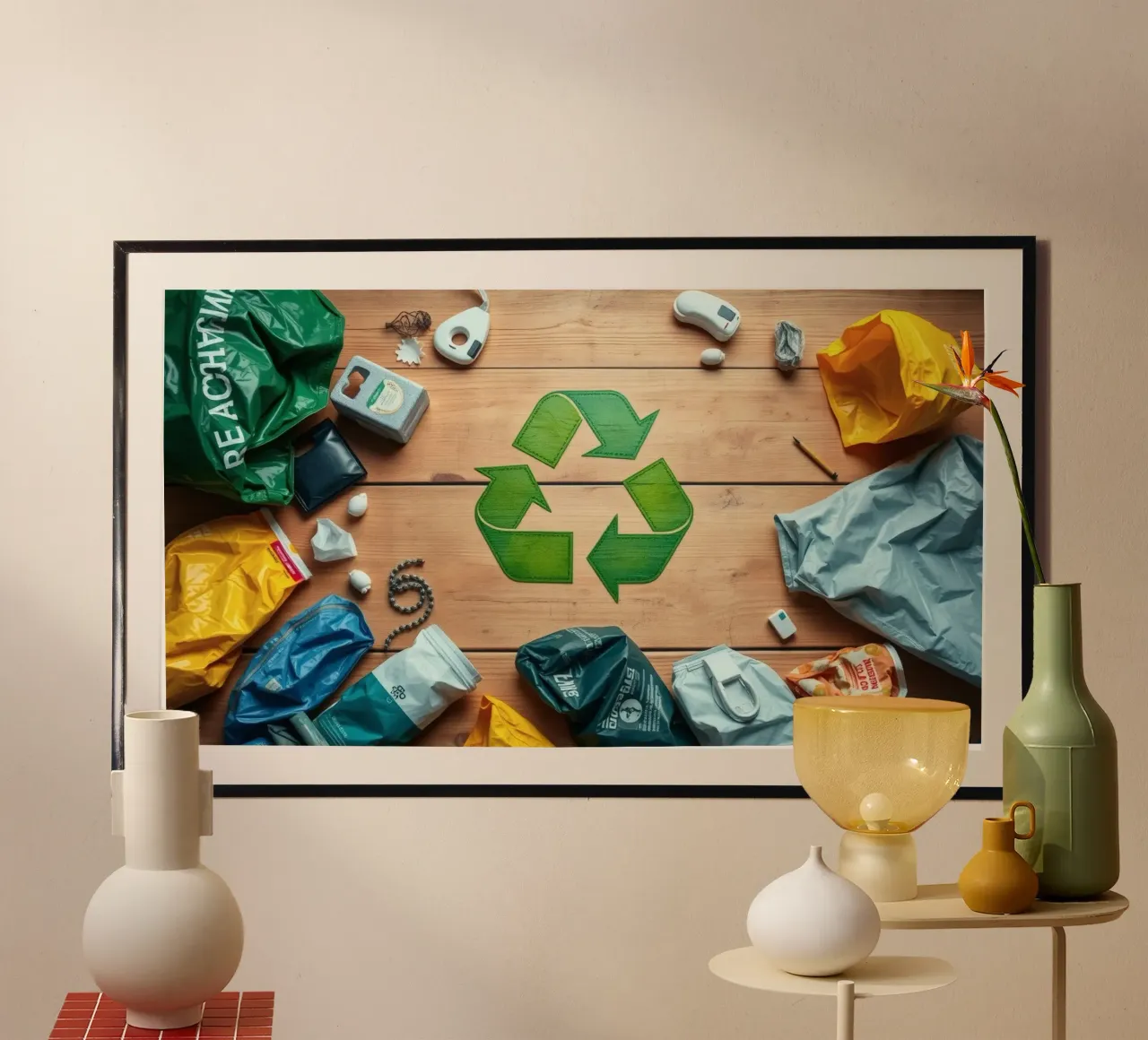 Recycling symbols surrounded by various waste materials poster by DesignDoodle