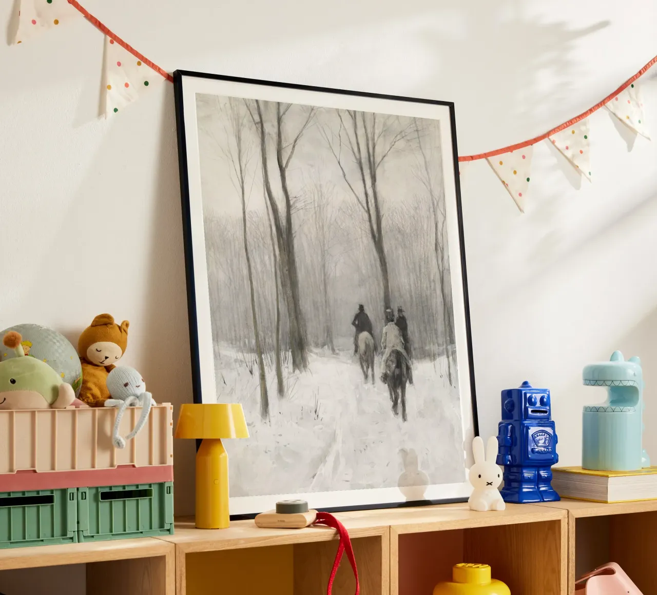 Two Men On Horseback In The Snow poster con telaio in legno da vintageshop