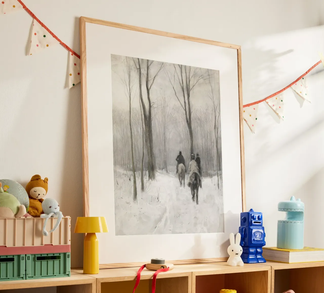 Two Men On Horseback In The Snow poster con telaio in legno da vintageshop