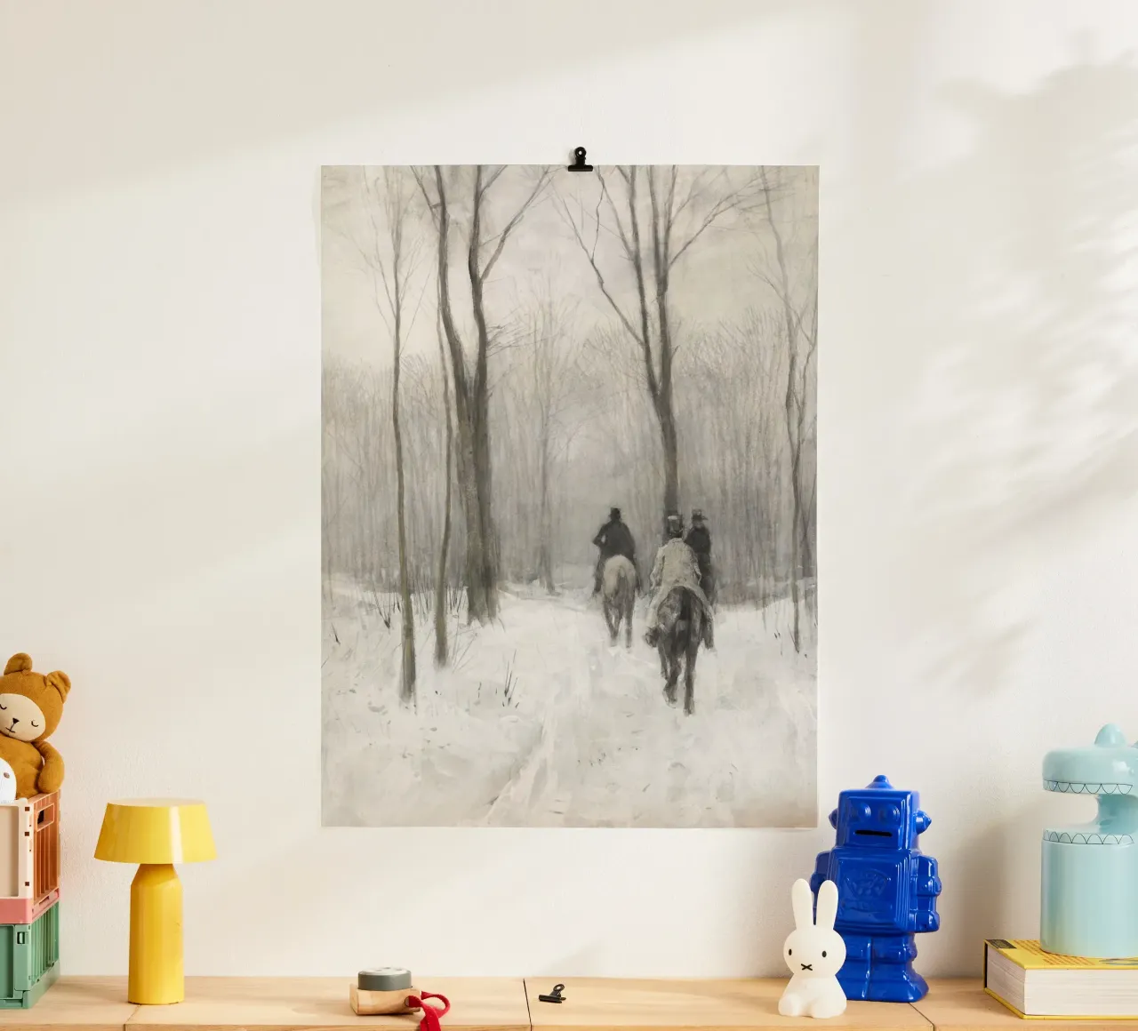 Two Men On Horseback In The Snow poster con telaio in legno da vintageshop