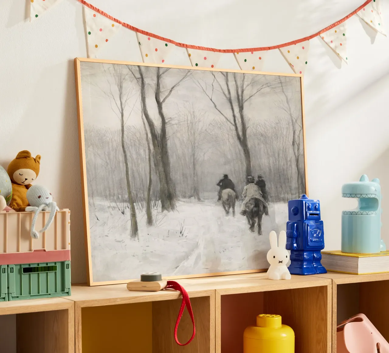 Two Men On Horseback In The Snow poster con telaio in legno da vintageshop