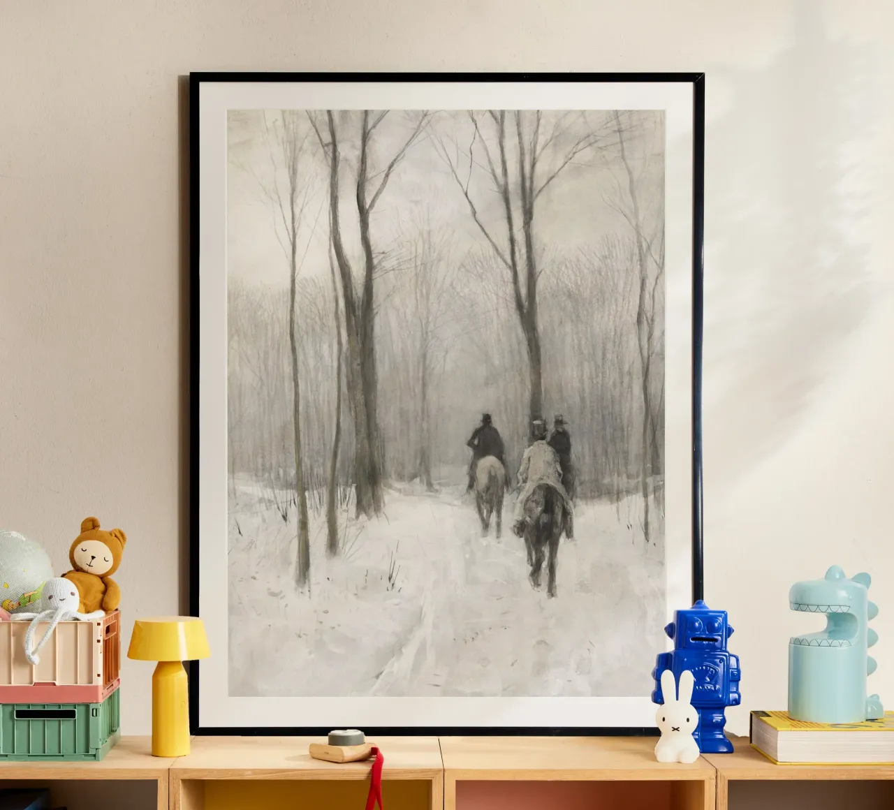 Two Men On Horseback In The Snow poster con telaio in legno da vintageshop