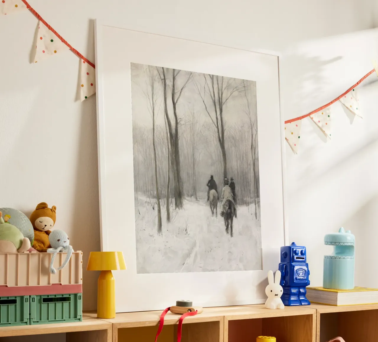 Two Men On Horseback In The Snow poster con telaio in legno da vintageshop