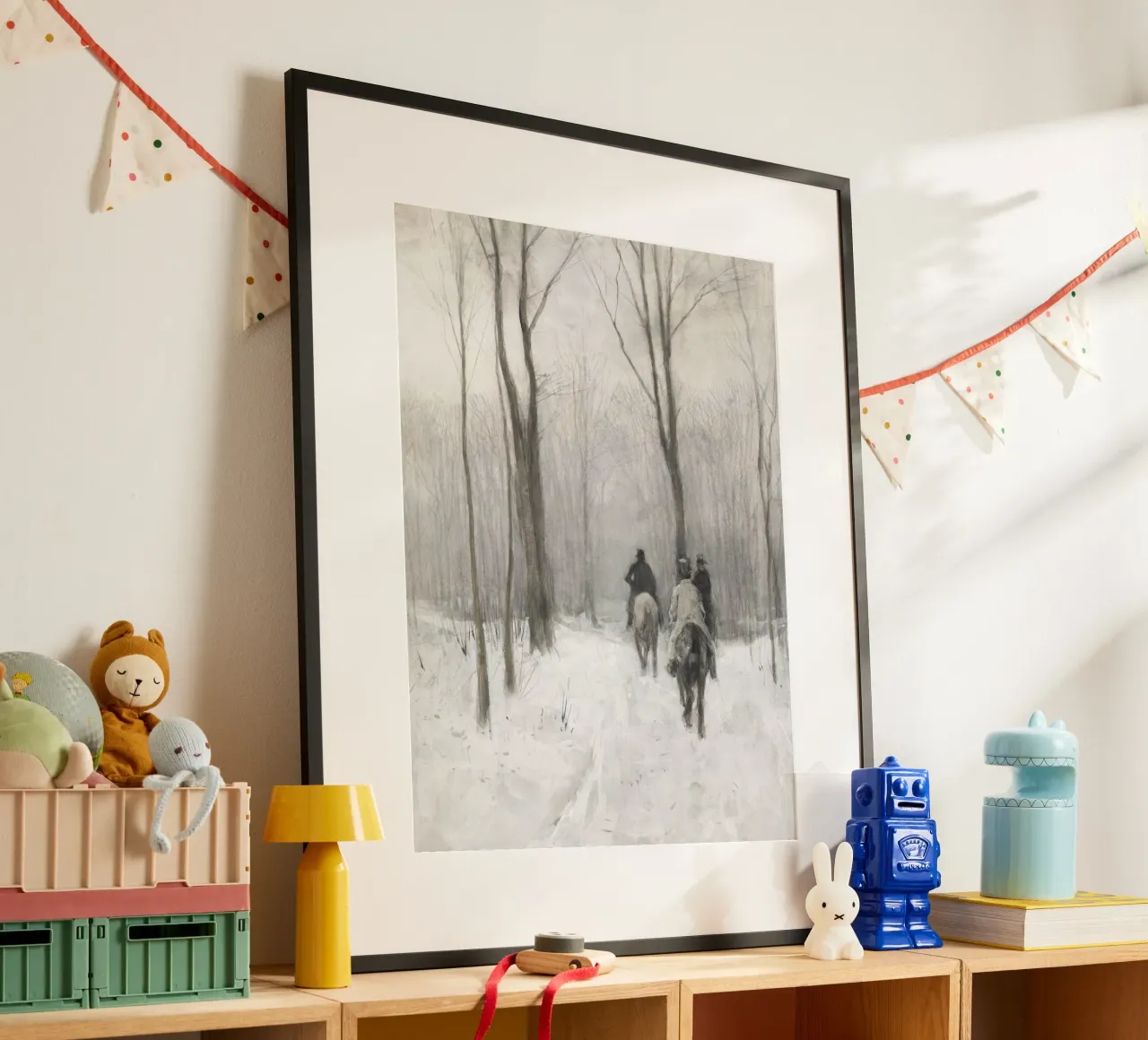Two Men On Horseback In The Snow poster con telaio in legno da vintageshop