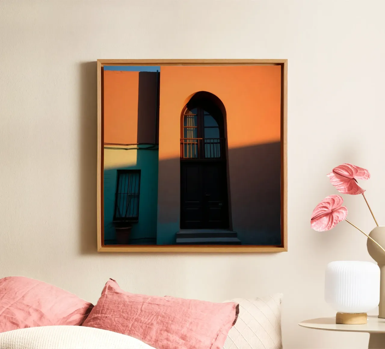 Helder avondzonlicht werpt schaduwen op een kleurrijk gebouw canvas van DesignDoodle