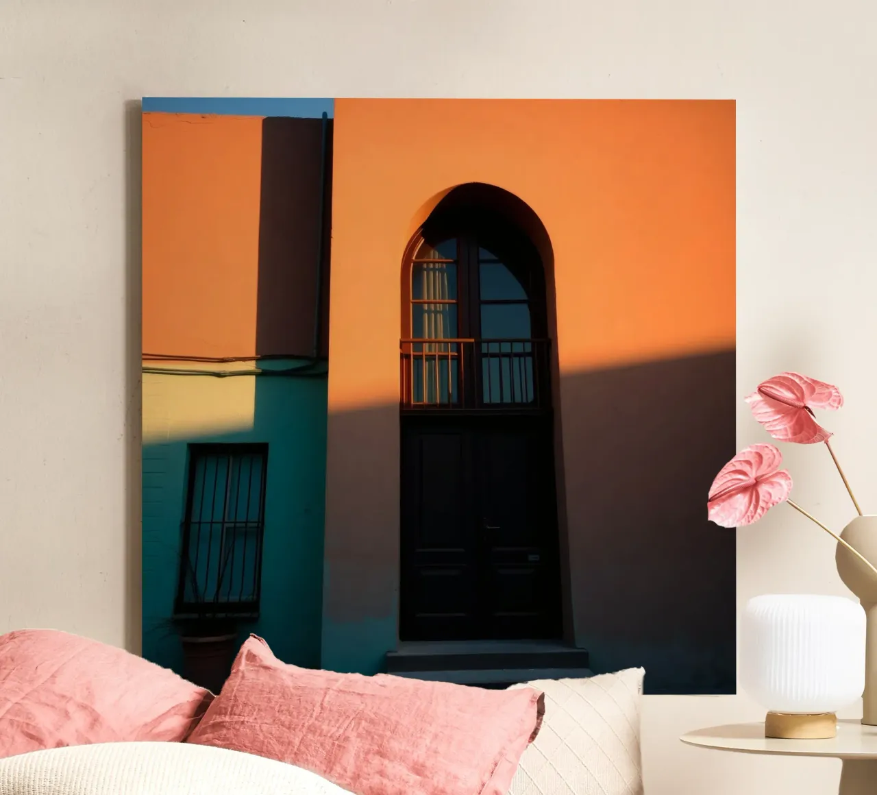 Helder avondzonlicht werpt schaduwen op een kleurrijk gebouw canvas van DesignDoodle