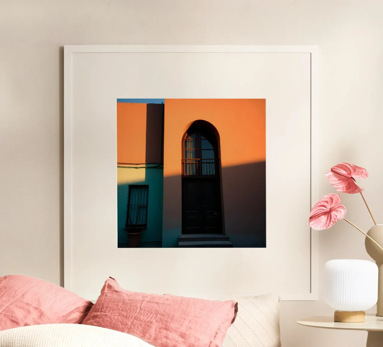 La lumière du soleil du soir projette des ombres sur un bâtiment coloré. poster avec cadre en bois de DesignDoodle