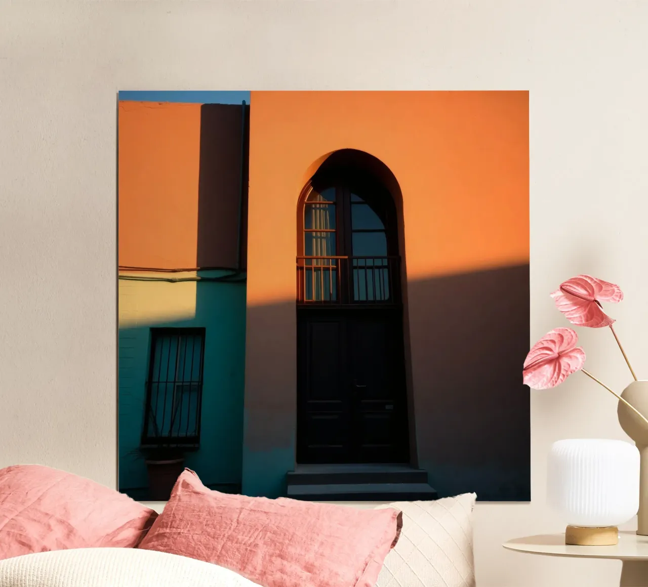 La lumière du soleil du soir projette des ombres sur un bâtiment coloré. poster avec cadre en bois de DesignDoodle