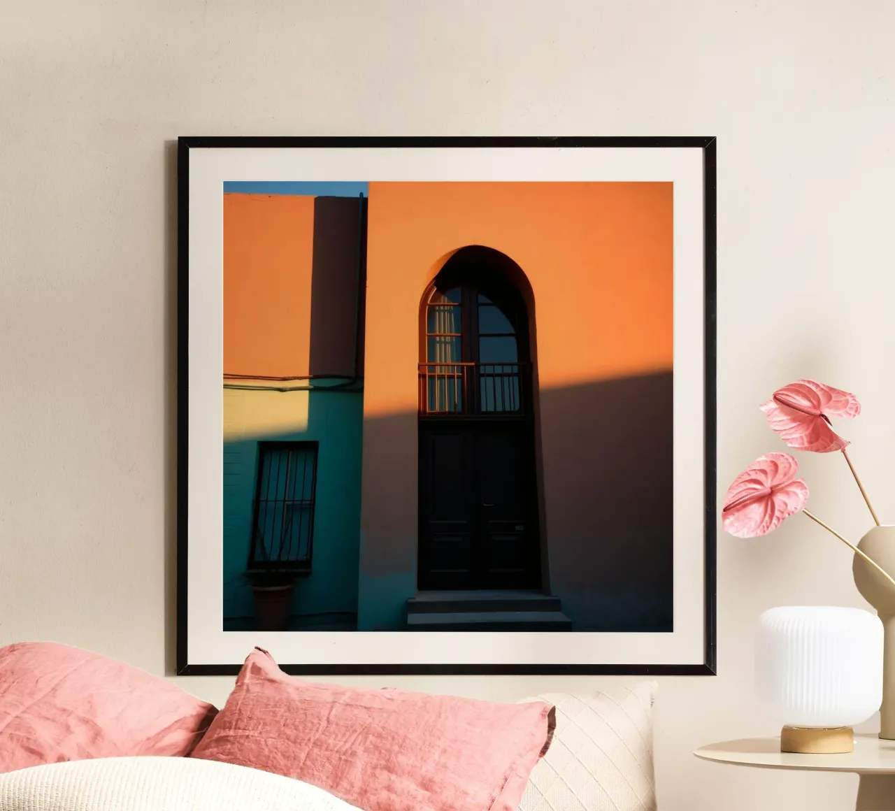 La lumière du soleil du soir projette des ombres sur un bâtiment coloré. poster avec cadre en bois de DesignDoodle