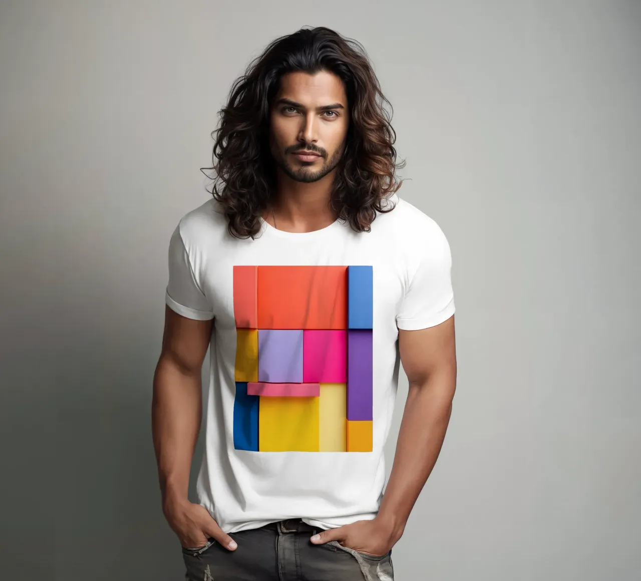 Colorful geometric shapes create a vibrant abstract design t-shirt by DesignDoodle