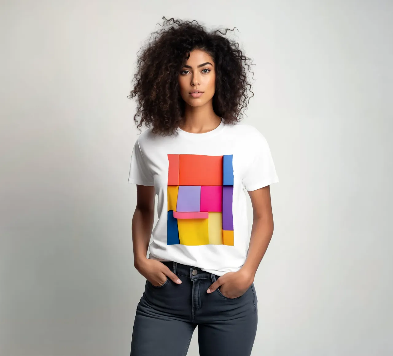Colorful geometric shapes create a vibrant abstract design t-shirt by DesignDoodle