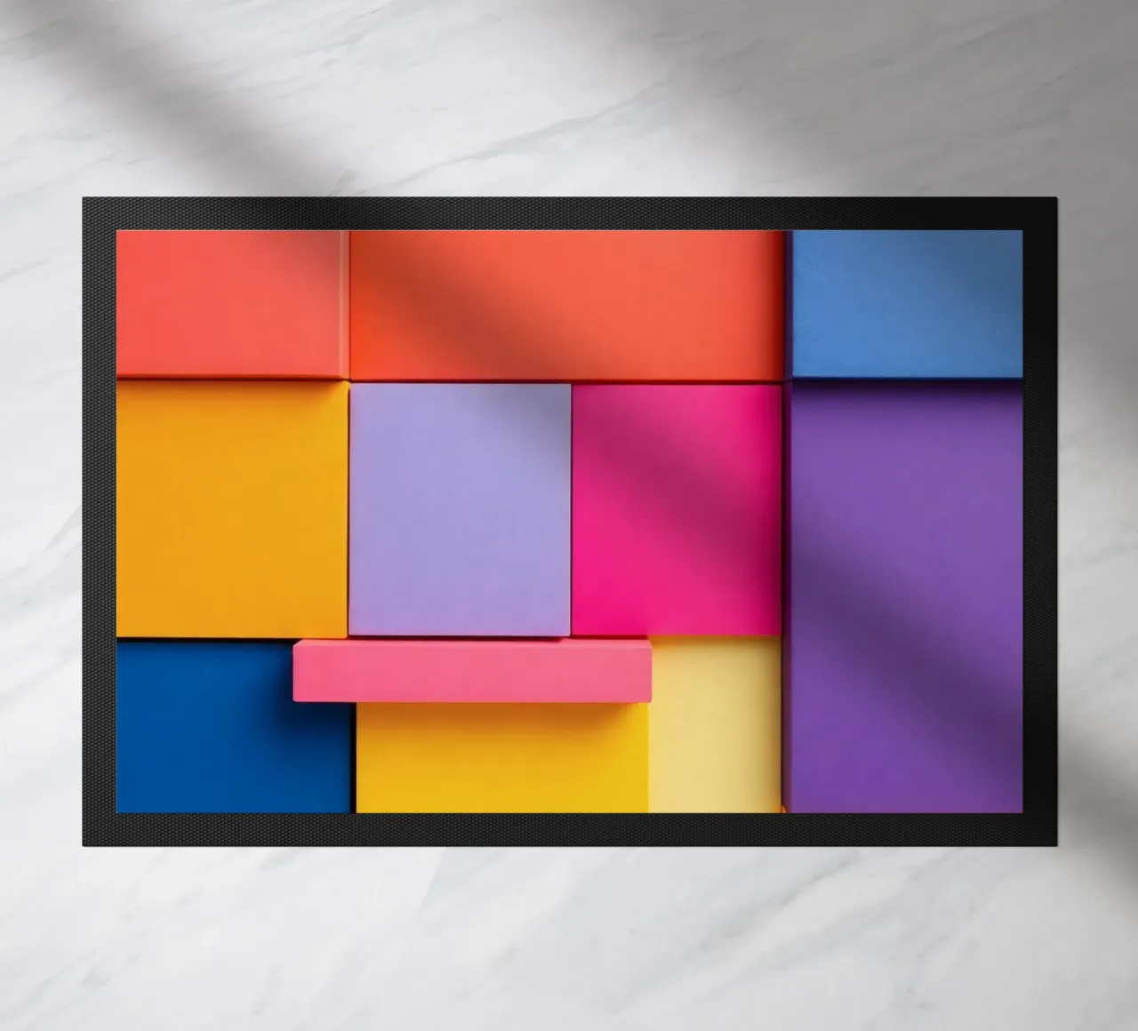 Colorful geometric shapes create a vibrant abstract design doormat by DesignDoodle